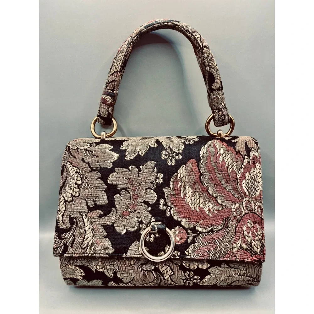 Vtg Floral Tapestry Handbag‎ Gold Ring Top Handle Brocade Satchel Black 6